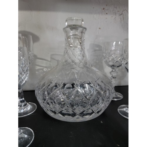 380 - Quantity of glassware to inc 2x glass crystal square decanters with stoppers along with a port decan... 