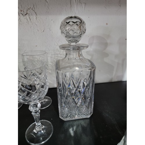 380 - Quantity of glassware to inc 2x glass crystal square decanters with stoppers along with a port decan... 