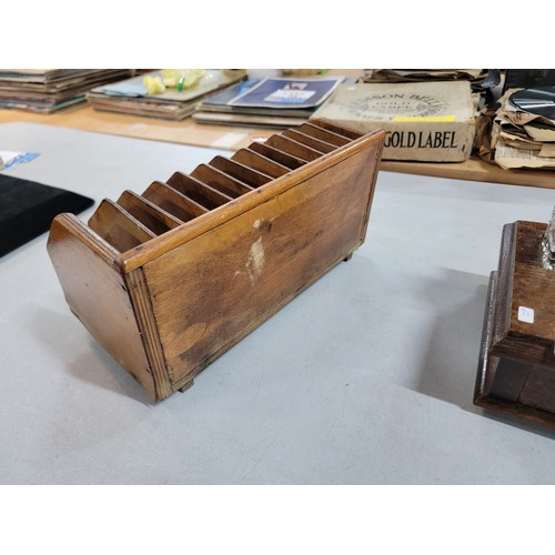 382 - Vintage wooden desk tidy with metal handle with 2x cut glass ink pots one with lid one with no stopp... 