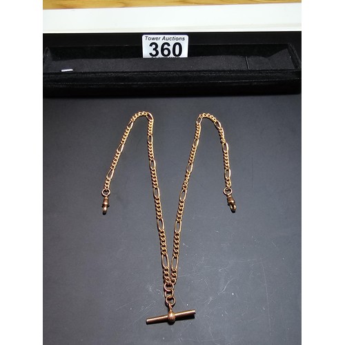 360 - A good antique 9ct rose gold double albert chain with a T-bar and 2 lobster claw clasps in excellent... 