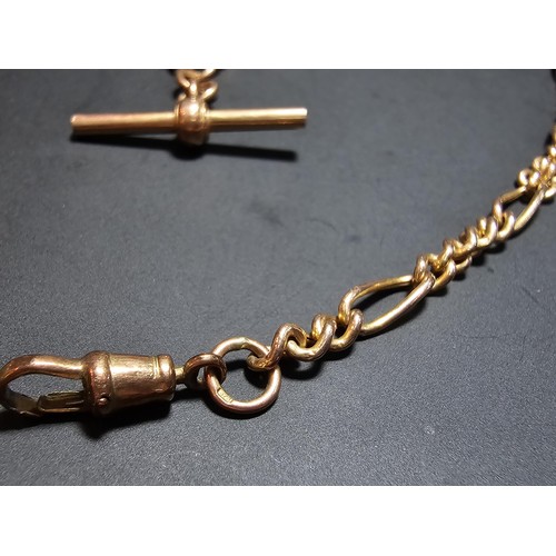 360 - A good antique 9ct rose gold double albert chain with a T-bar and 2 lobster claw clasps in excellent... 