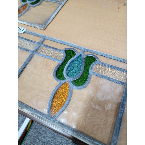 393 - 3x vintage stained glass lead lined frosted glass panels with floral decoration all with lead in tac... 