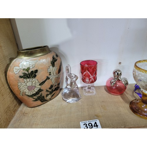 394 - A shelf containing a quantity of collectables inc a pair of matching Indian brass cloisonne vases wi... 