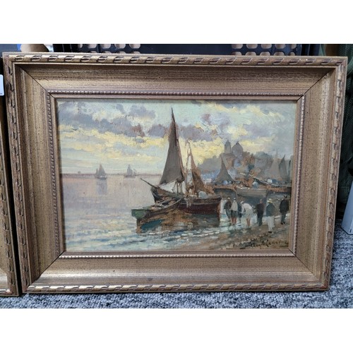 398 - Pair of good quality vintage gilt framed Angelo Cannone (1899 - 1992) oil on board scenes depicting ... 