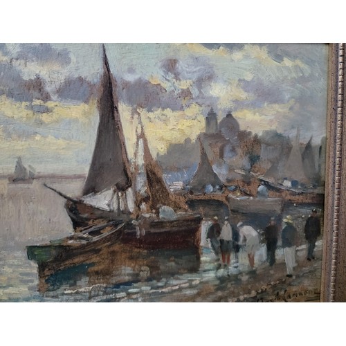 398 - Pair of good quality vintage gilt framed Angelo Cannone (1899 - 1992) oil on board scenes depicting ... 