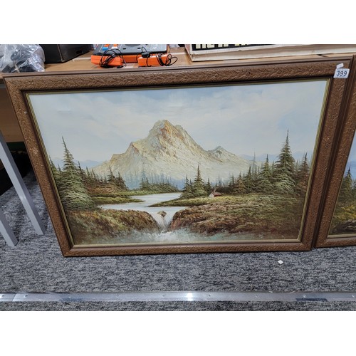 399 - 2x wooden carved framed oil on canvas alpine scenes both are signed to the lower right, the frames h... 