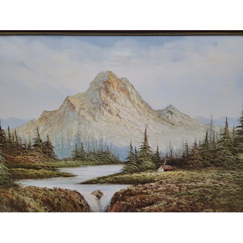 399 - 2x wooden carved framed oil on canvas alpine scenes both are signed to the lower right, the frames h... 