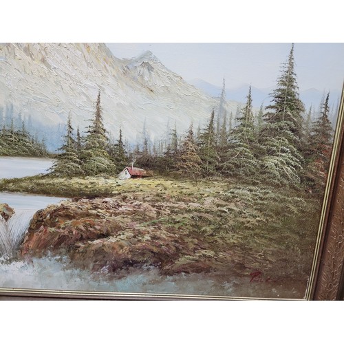 399 - 2x wooden carved framed oil on canvas alpine scenes both are signed to the lower right, the frames h... 