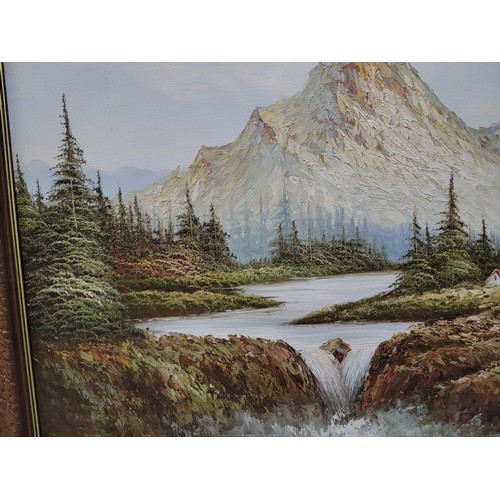 399 - 2x wooden carved framed oil on canvas alpine scenes both are signed to the lower right, the frames h... 