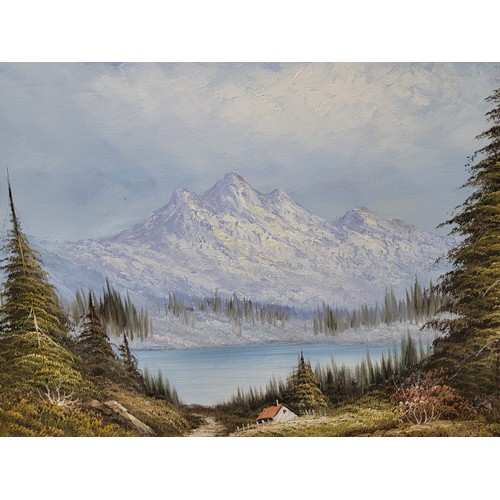 399 - 2x wooden carved framed oil on canvas alpine scenes both are signed to the lower right, the frames h... 