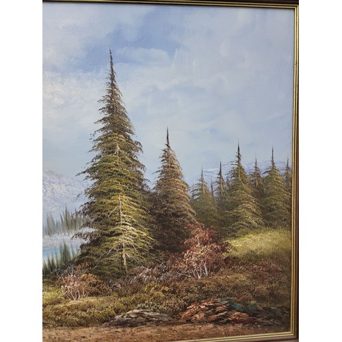 399 - 2x wooden carved framed oil on canvas alpine scenes both are signed to the lower right, the frames h... 