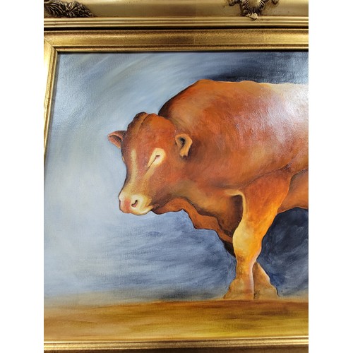 400 - An impressive gilt framed oil on board of a Limousin bull painted by local artist Diarmid Doody (Dee... 