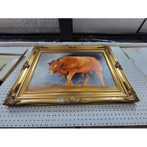 400 - An impressive gilt framed oil on board of a Limousin bull painted by local artist Diarmid Doody (Dee... 