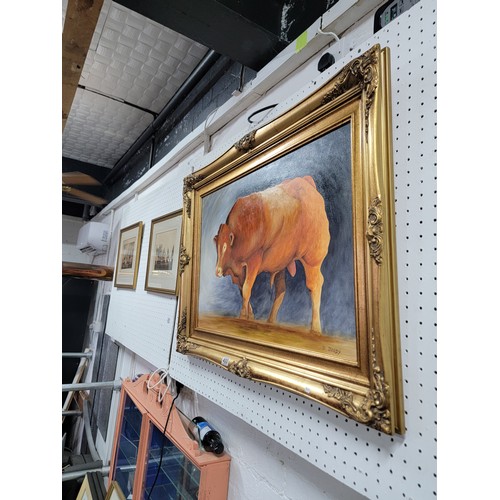 400 - An impressive gilt framed oil on board of a Limousin bull painted by local artist Diarmid Doody (Dee... 