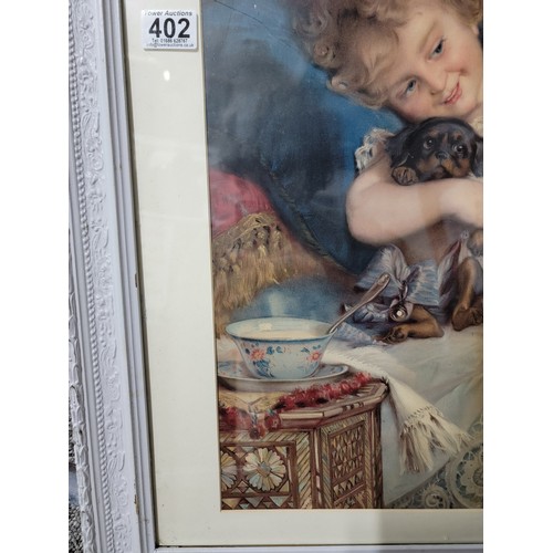 402 - Framed and glazed Pears soap print by Emile Munier from the pears annual, depicting a child with a d... 