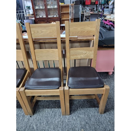 408 - Set of 6x solid light oak dining chairs all with faux leather dark brown seats, all seats are in goo... 