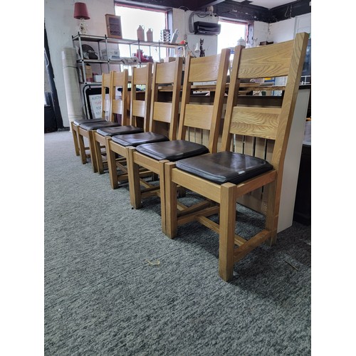 408 - Set of 6x solid light oak dining chairs all with faux leather dark brown seats, all seats are in goo... 