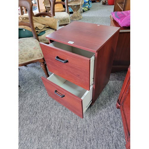 411 - 2x drawer modern filing cabinet stained mahogany, measures 65cm high, 25cm wide and 39cm deep