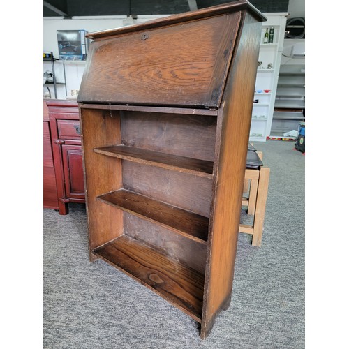 413 - Vintage oak book case with bureau top with drop down leaf to reveal a divisional storage area, book ... 