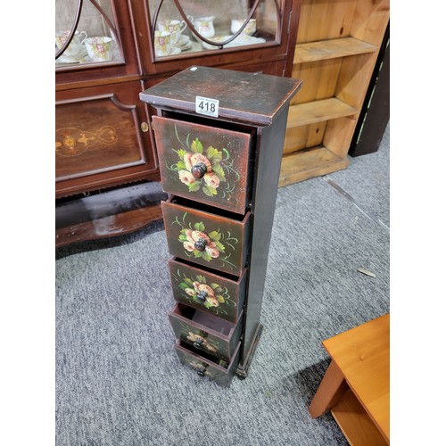 418 - Vintage wooden 5x drawer tall narrow set of drawers with hand painted floral design 89cm high, 23cm ... 