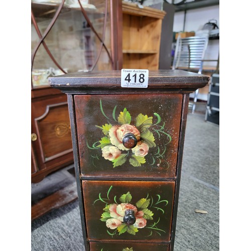 418 - Vintage wooden 5x drawer tall narrow set of drawers with hand painted floral design 89cm high, 23cm ... 