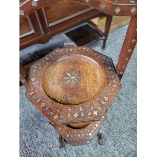 421 - Good quality Indian 3 tier hard wood cake stand with copper and brass inlay on the trays and around ... 