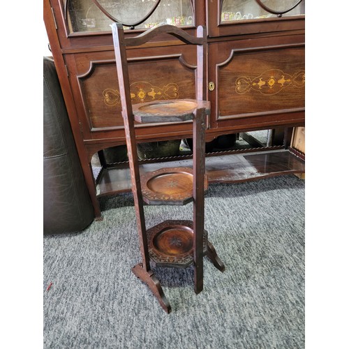 421 - Good quality Indian 3 tier hard wood cake stand with copper and brass inlay on the trays and around ... 