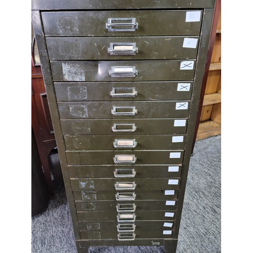 423 - Vintage 15 drawer metal cabinet in overall good condition stands at 99cm high 41cm wide 24cm deep