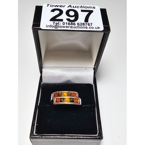 297 - A stunning 925 silver ring double channel set with natural amber stones in 3 different colours from ... 