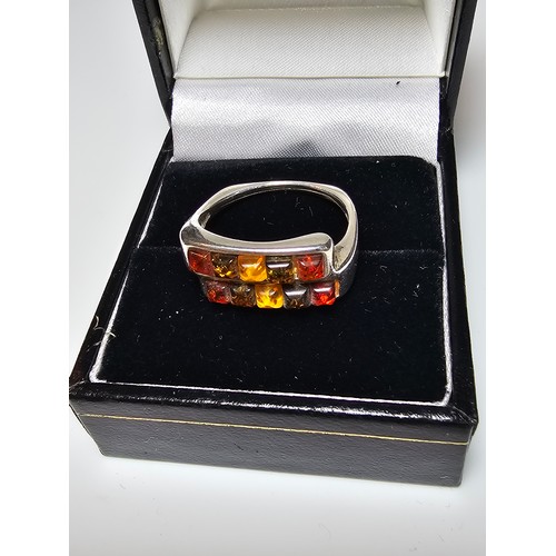 297 - A stunning 925 silver ring double channel set with natural amber stones in 3 different colours from ... 