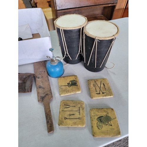 435 - Box containing a small quantity pf collectables inc pair of ethnic drums, an ethnic figure carved ou... 