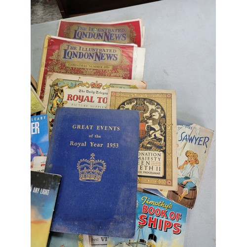 447 - Suitcase containing a large quantity of assorted books inc The Great Events of the Royal Year 1953, ... 