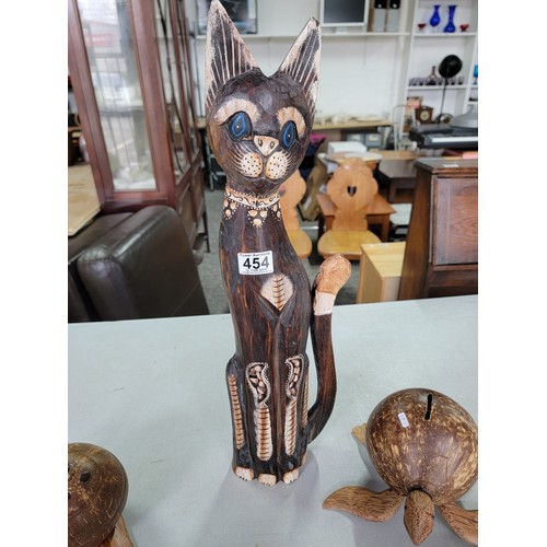 454 - Tall wooden Fair trade cat figure along with 2x wooden turtle formed money boxes made out of coconut... 