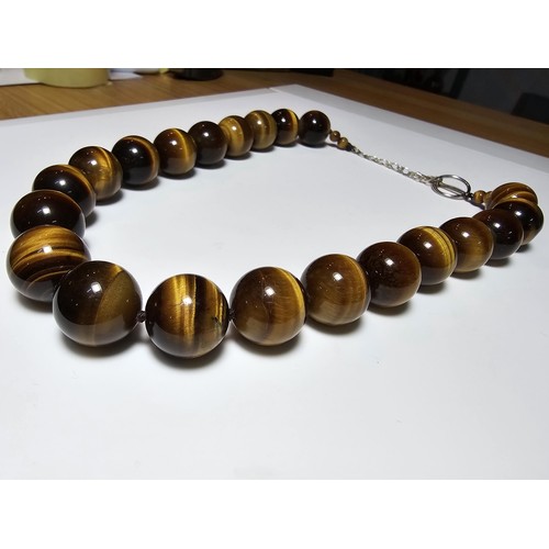 306 - An excellent quality Tigers eye large beaded necklace with a 925 silver clasp featuring 2cm diameter... 