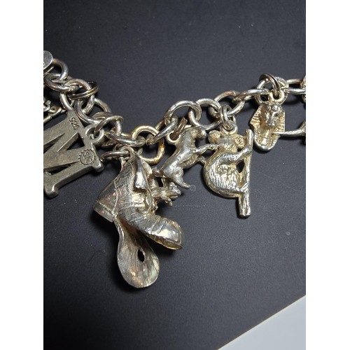 311 - A good quality vintage 925 silver charm bracelet featuring 14 different charms to include an articul... 