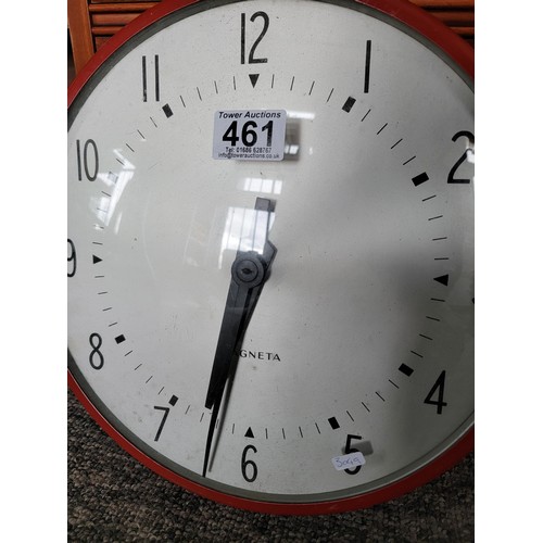 461 - Vintage Magneta electric impulse movement wall clock with a red metal surround. diameter of 32cm