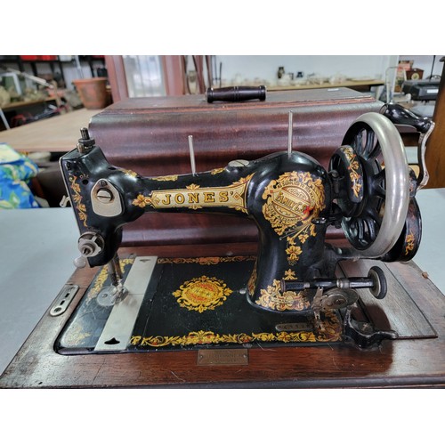 477 - Cased Antique Jones Family sewing machine as supplied to Her Majesty Queen Alexandra for the Manches... 