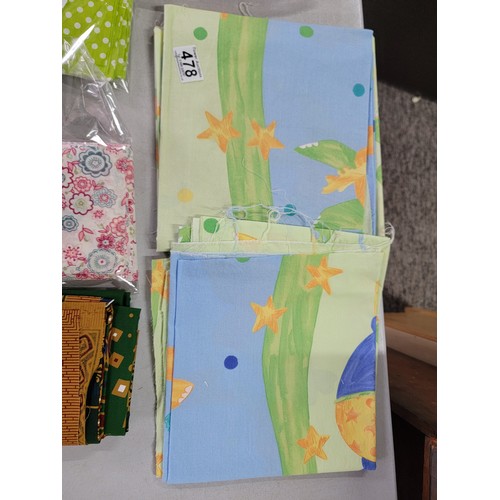 478 - Box containing a quantity of fabrics inc Baby Boy fabrics, large hand printed sunflower design scarf... 