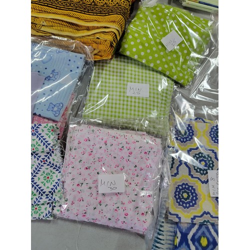 478 - Box containing a quantity of fabrics inc Baby Boy fabrics, large hand printed sunflower design scarf... 