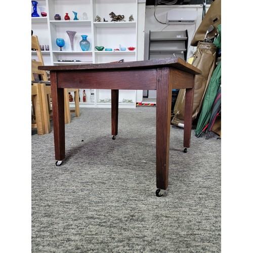 480 - Antique dark oak coffee table in overall good condition has had castors fitted to the legs with remo... 