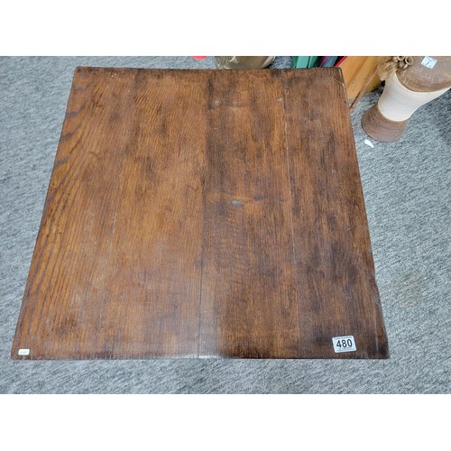 480 - Antique dark oak coffee table in overall good condition has had castors fitted to the legs with remo... 