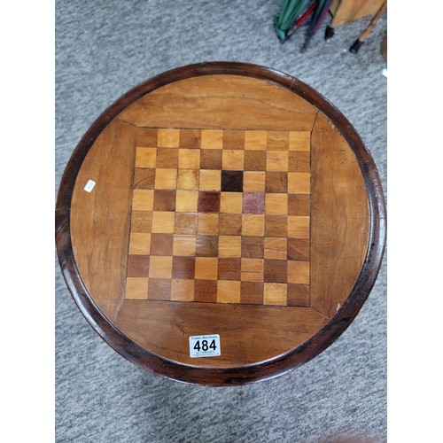 484 - Antique occasional table with inlaid chessboard to the top standing on tripod legs made of solid oak... 