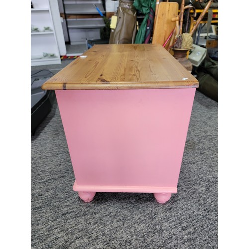 487 - Pine storage chest painted pink with a white drawer to the base. Height of 57cm x length 84cm x dept... 