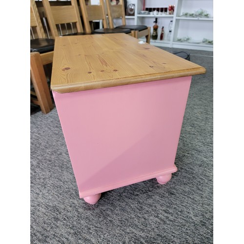 487 - Pine storage chest painted pink with a white drawer to the base. Height of 57cm x length 84cm x dept... 