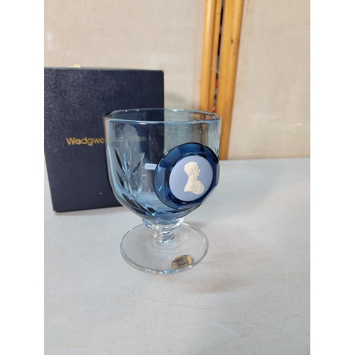 321 - A boxed Wedgwood blue glass jasper cameo goblet along with 4 ceramic character jugs to include a han... 