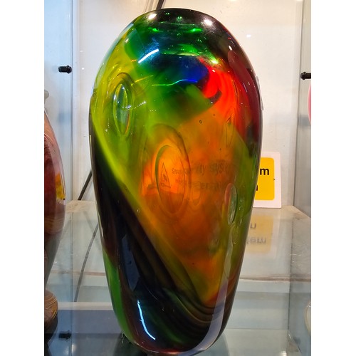 255 - 3 good quality art glass vases to include a stunning multi coloured hand blown glass vase featuring ... 