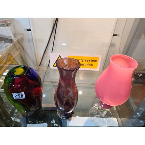 255 - 3 good quality art glass vases to include a stunning multi coloured hand blown glass vase featuring ... 