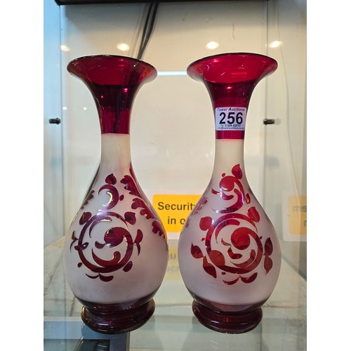 256 - A pair of stunning antique hand blown bohemian type ruby glass vases with an etched stag and doe sce... 