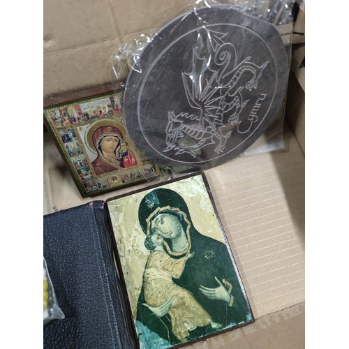 82 - A quantity of various Catholic items to include a Crucifix, painting on board, a Bible, candle holde... 