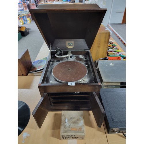 9 - HMV tabletop 109 gramophone along with gramophone needles and a large quantity of 78 records in albu... 